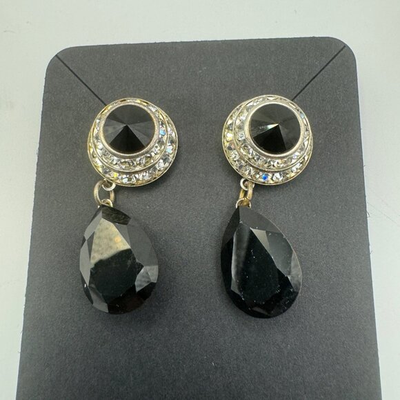 Vintage-Style Gold & Black Teardrop Dangle Earrings With Rhinestone Accents - Picture 2 of 5